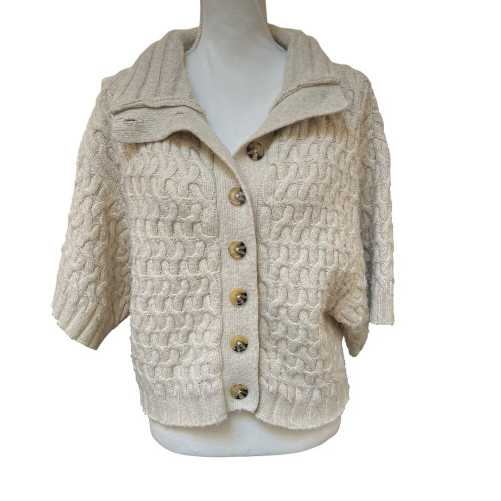 Free People Cream Cable Knit Cardigan Sweater Size XS Short Sleeve Button Front